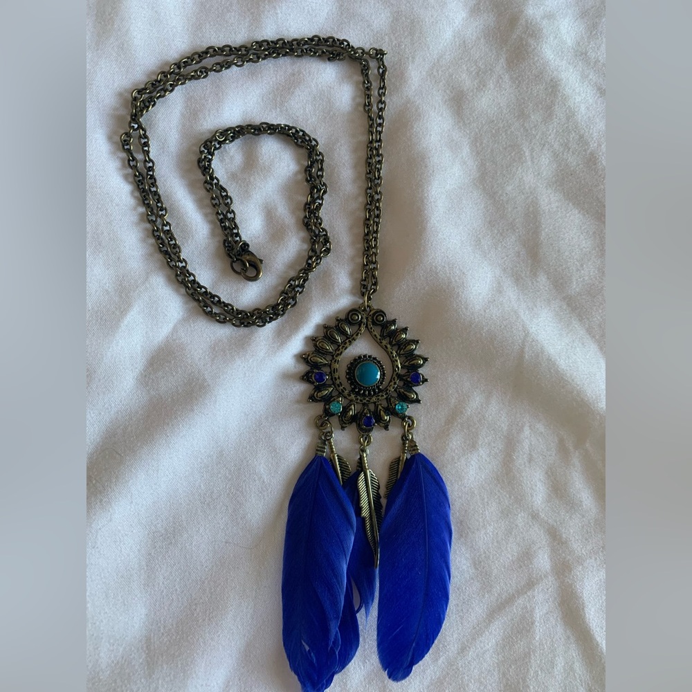 Bronze, boho feathered necklace with blue stones
